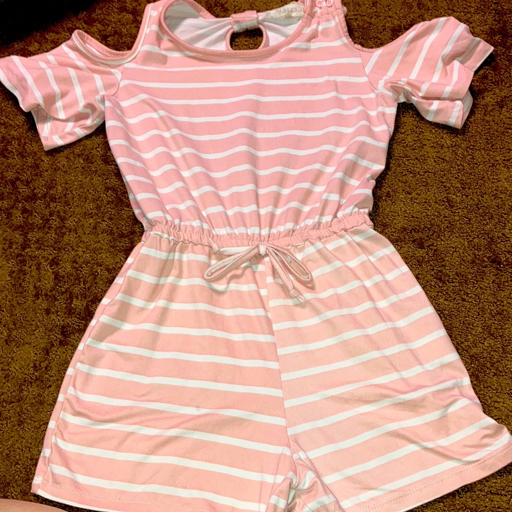 Pink & White striped romper girls size 10 in EUC